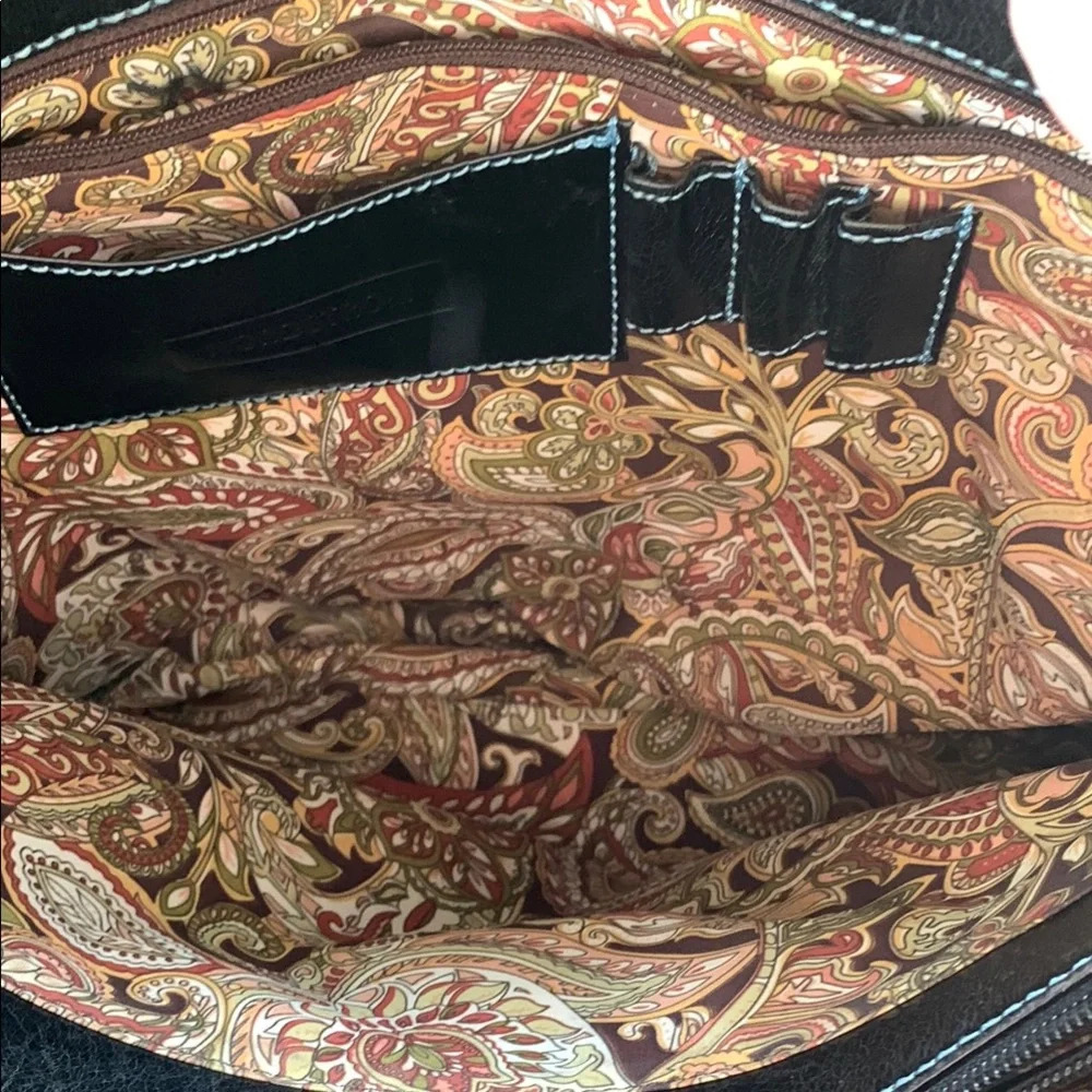 Nordstrom Black Leather Blue Stitching Casual Tote Bag Paisley Lining Lg Pockets - Picture 7 of 14